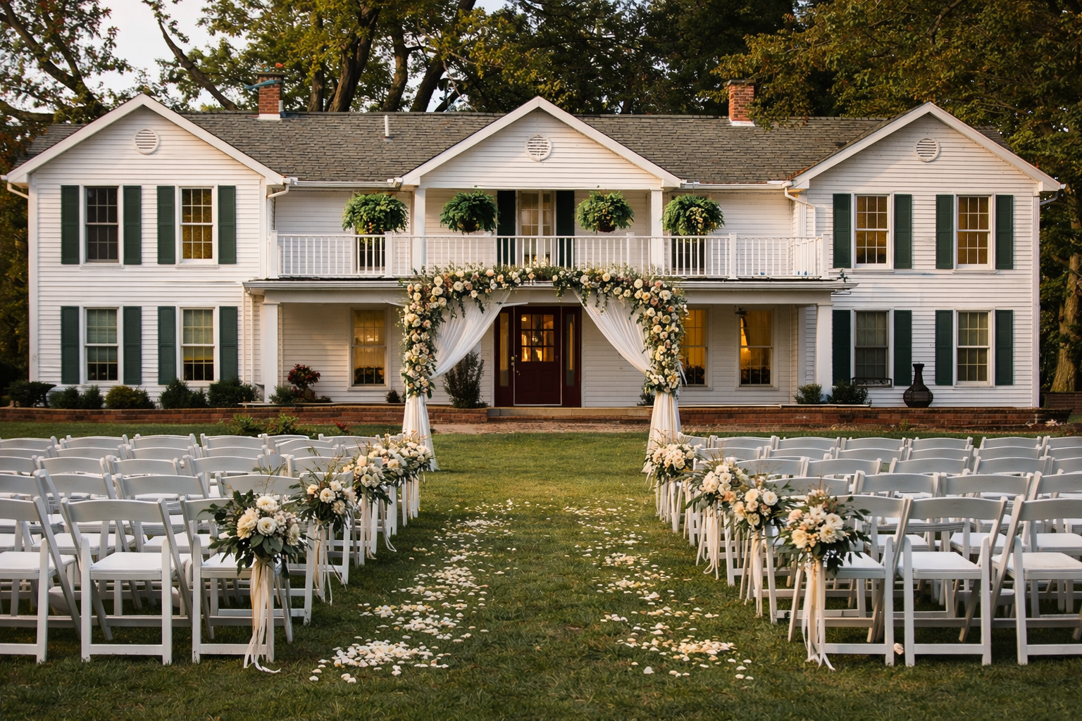Outdoor wedding setup in front of a large white house with black shutters, decorated with white flowers and drapes, with rows of white chairs and a flower-petaled aisle.