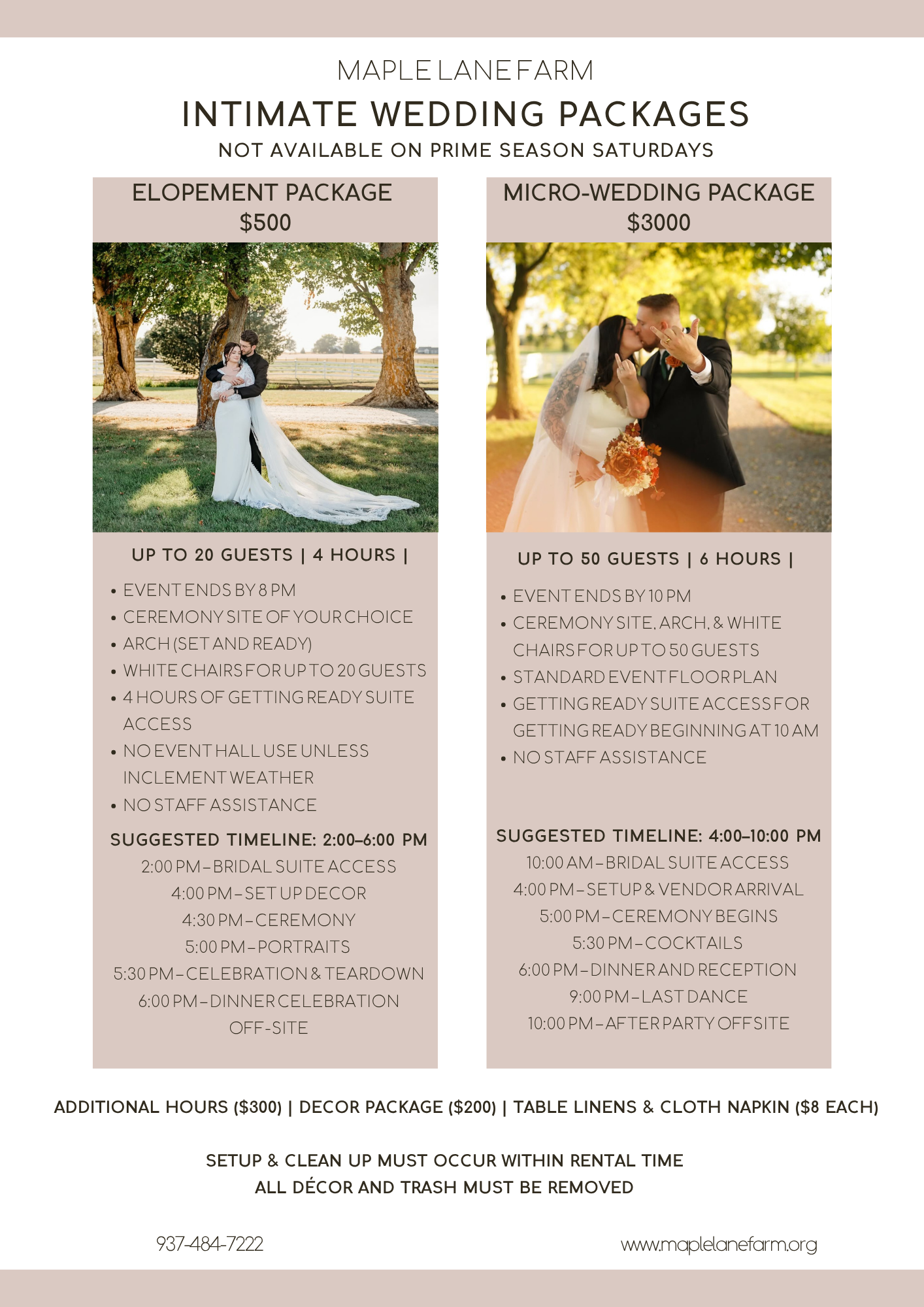 Wedding packages offer details from Maple Lane Farm, including elopement and micro-wedding options, pricing, guest limits, event durations, and scheduled timelines with activities such as setup, ceremony, portraits, celebration, dinner, and afterparty, along with additional services and contact information.