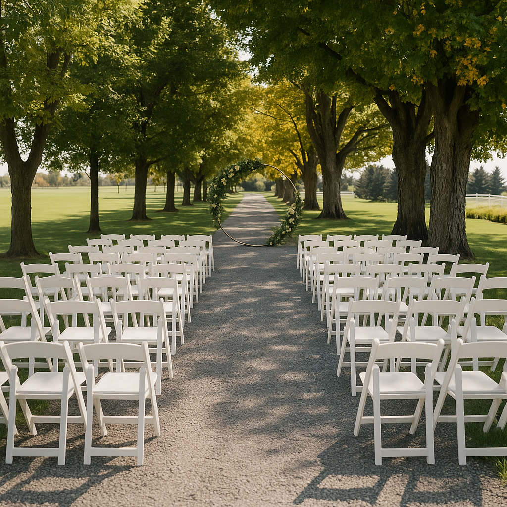 Outdoor wedding setup with white chairs arranged on either side of a gravel path, leading to a circular floral arch, surrounded by trees on a sunny day.