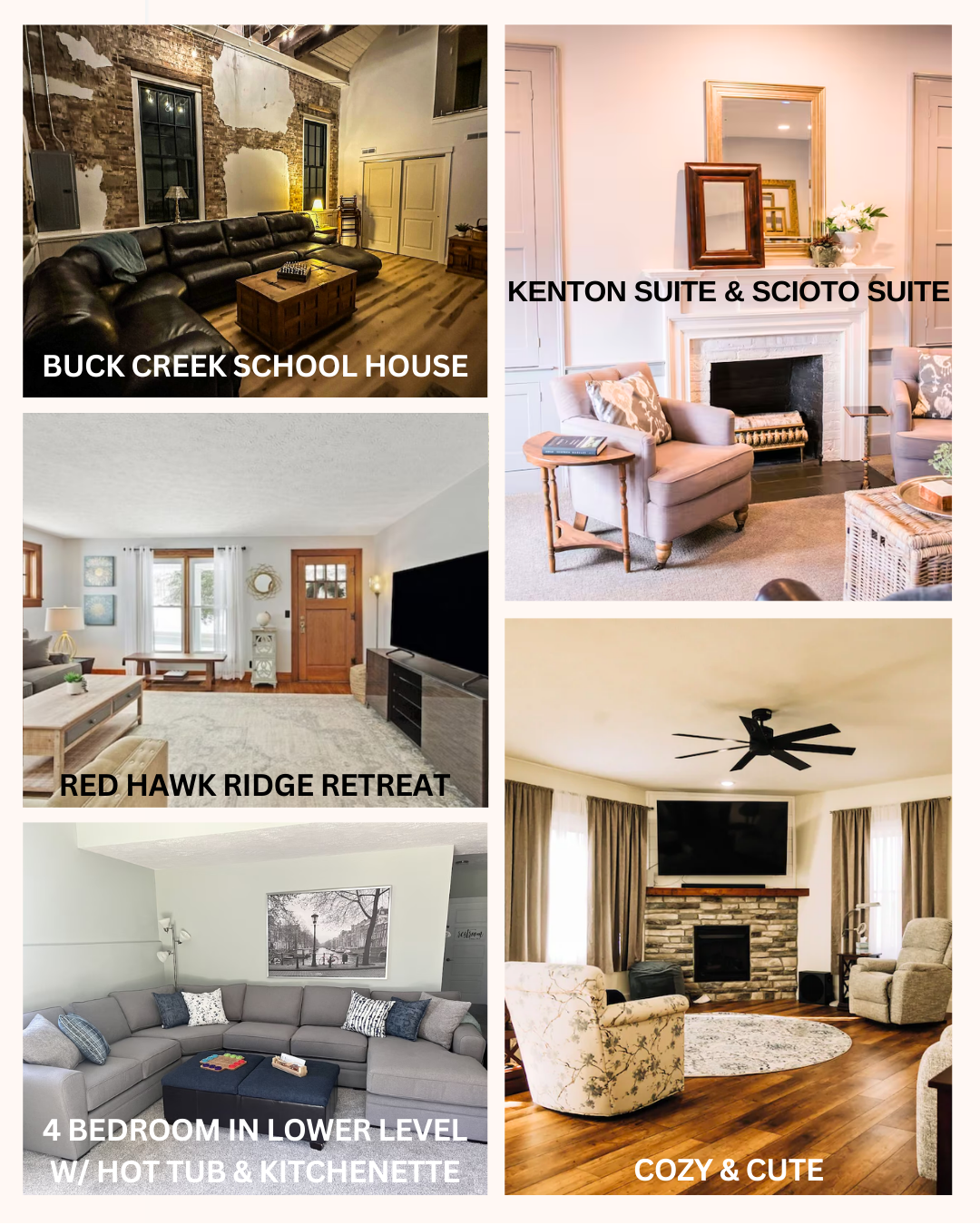 Collage of four interior rooms, including a rustic living room, a cozy bedroom with fireplace, a bright living room, and a comfortable lounge with a stone fireplace, labeled with property names.