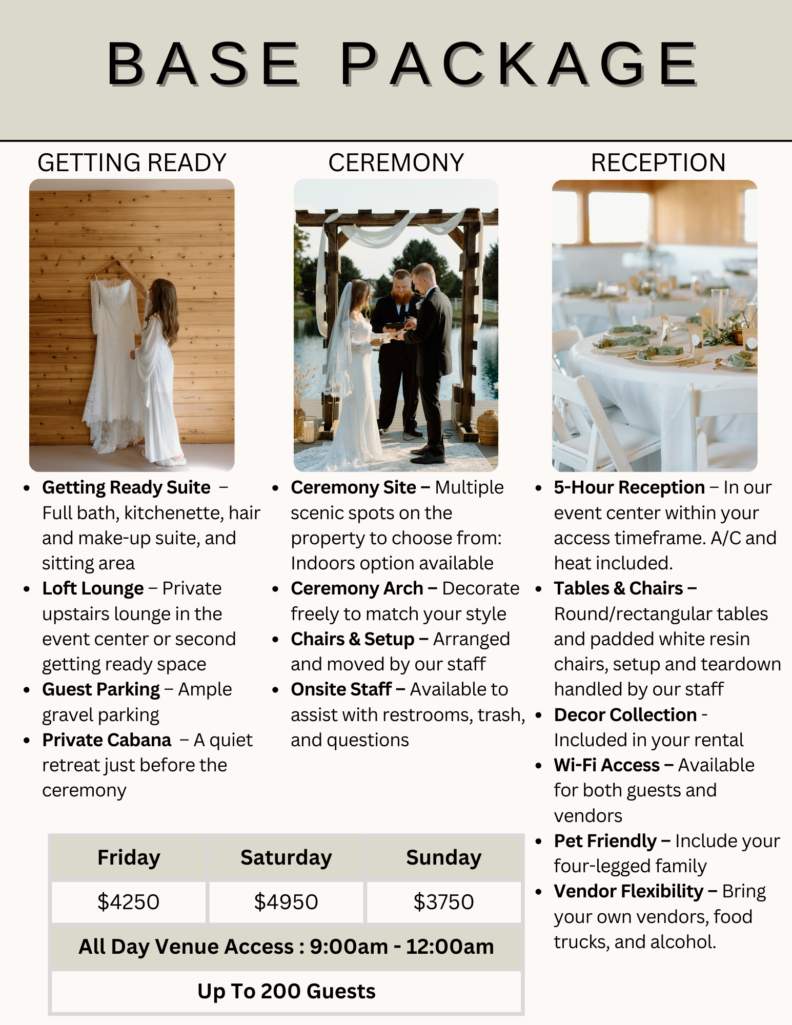 Wedding event planning details with sections for getting ready, ceremony, and reception, including images of a bride and wedding ceremony outdoors, and reception table setup.