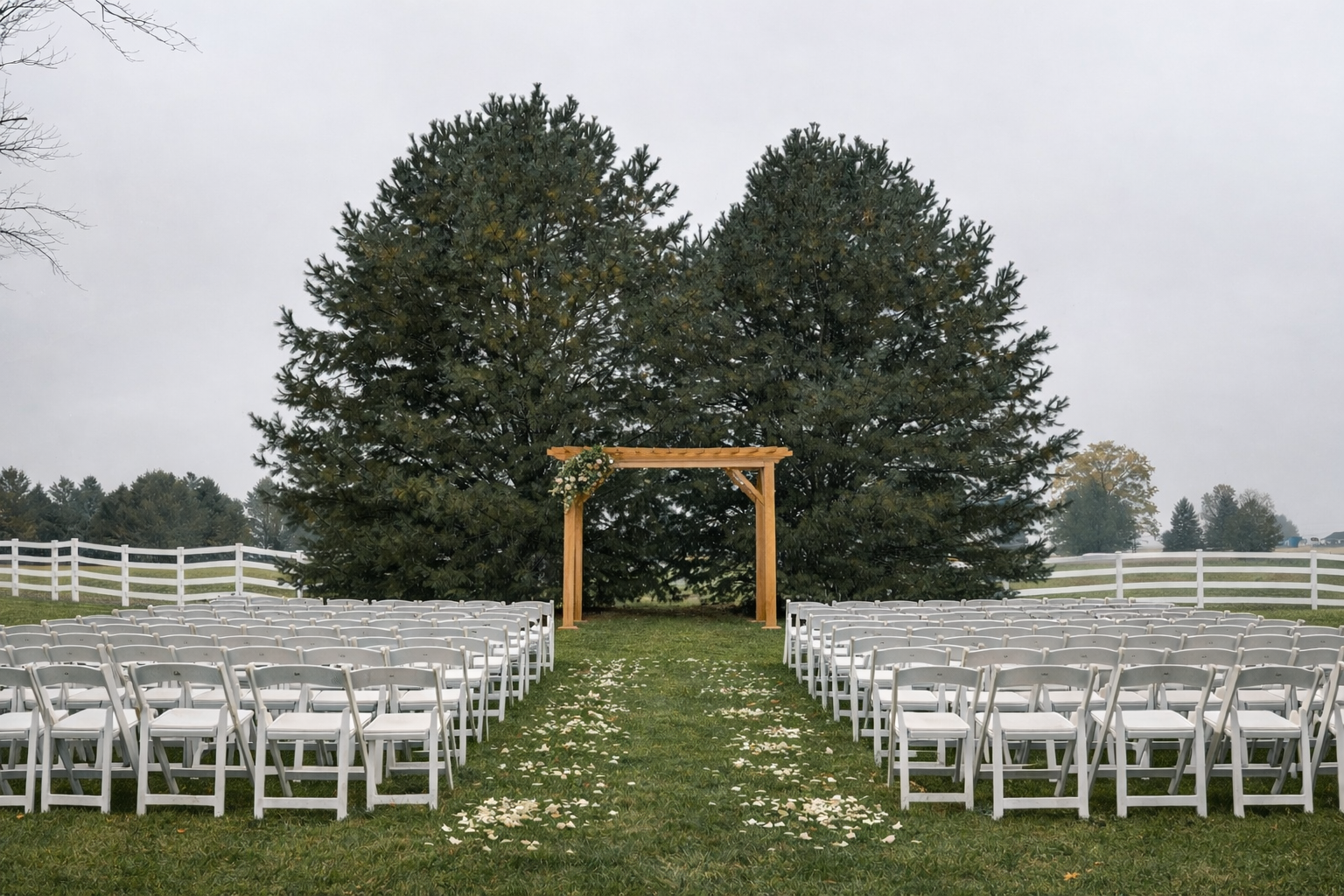 An outdoor wedding setup with rows of white chairs on either side of an aisle on green grass, leading to a wooden wedding arch decorated with flowers, set against a large evergreen tree and a cloudy sky.