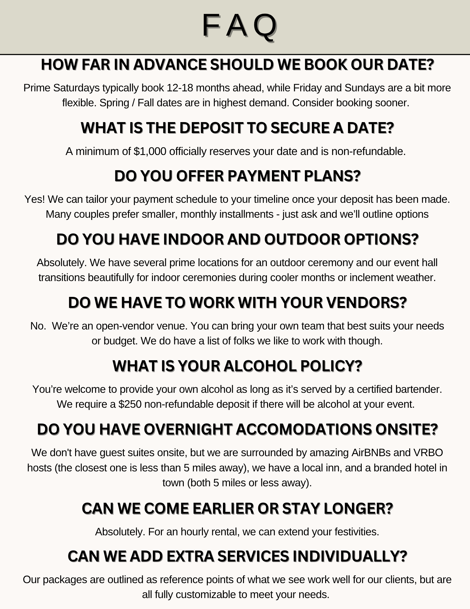 FAQs about event planning and accommodations, including booking timeline, deposits, payment plans, indoor and outdoor options, vendor policies, overnight stays, extension of stay, and additional services.