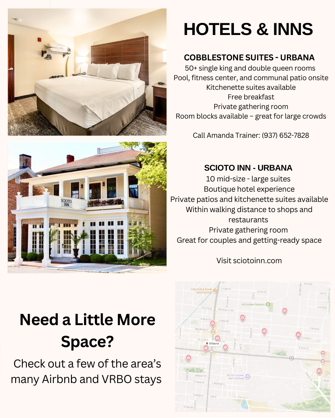 Two hotel advertisements, top image of a hotel room with a bed, and bottom image of a large, white, two-story bed and breakfast building with a porch, alongside a map of the area showing multiple Airbnb and VRBO rental locations.