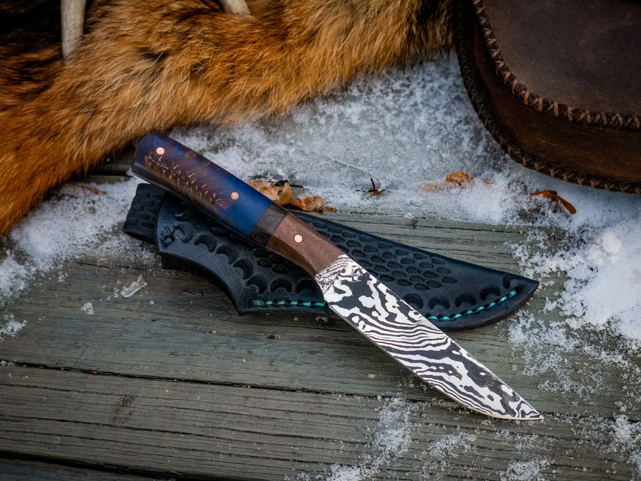 Hand Forged Damascus EDC/Field Knife with Sheath
