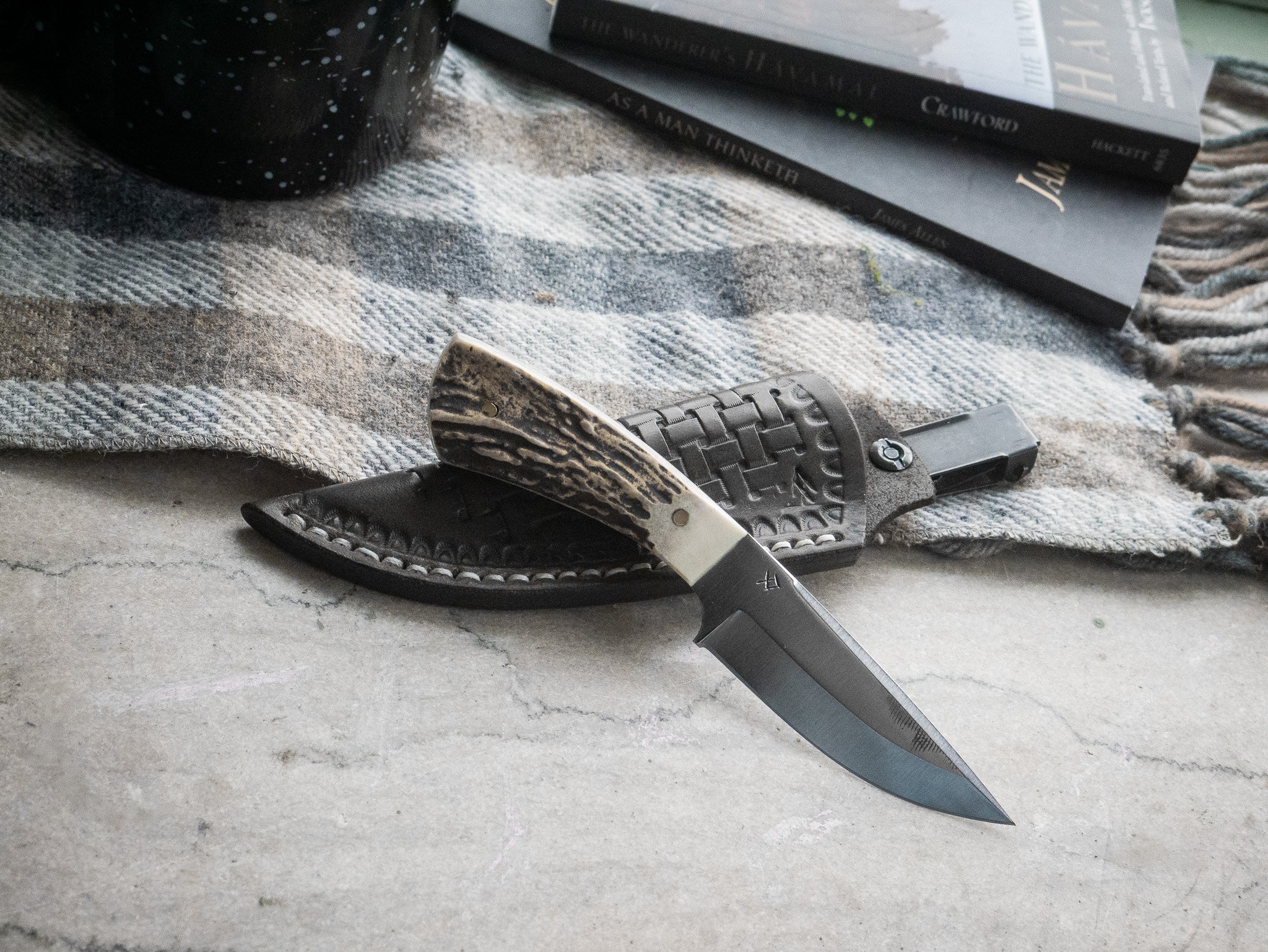 Hand Forged File EDC/Boot Knife, Deer Antler Handle