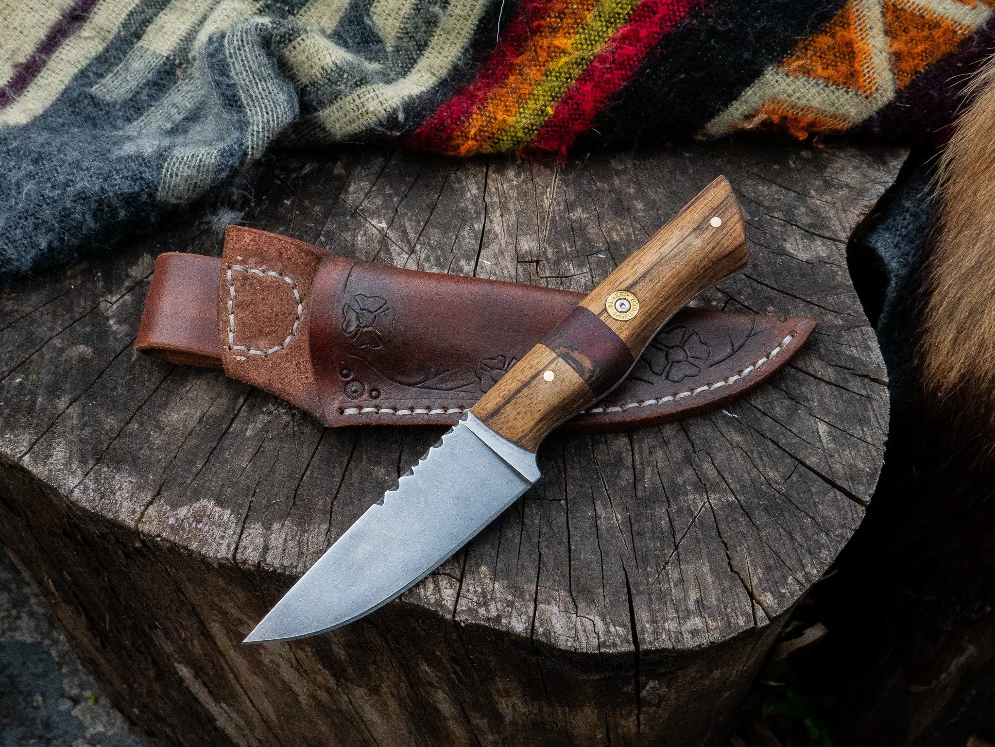 Handmade EDC Knife with Sheath, Carved Renaissance Floral Designs