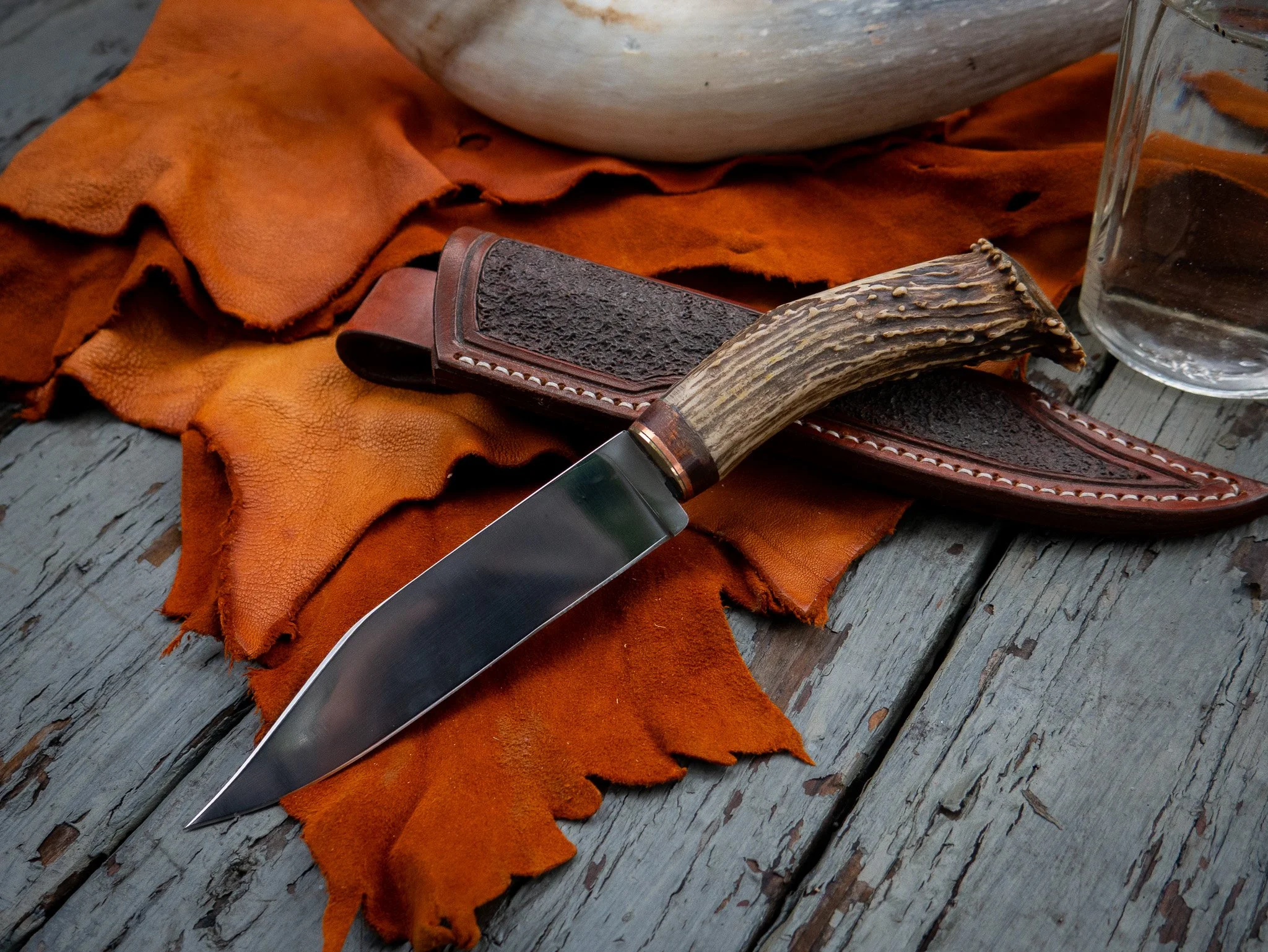 Hand Forged Bowie Knife with Sheath, Deer Antler Sheath