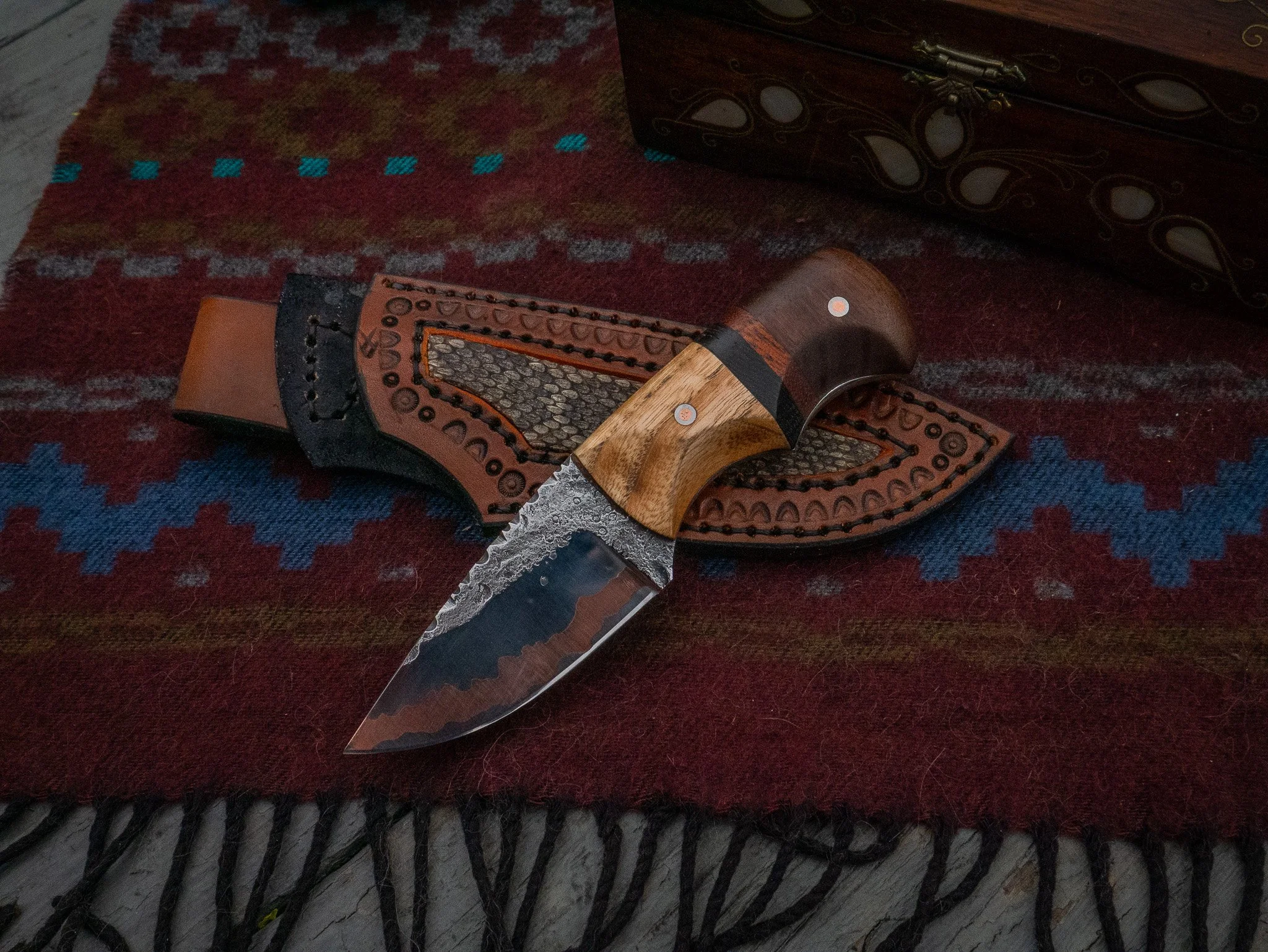 Hand Forged Copper Go Mai EDC Knife with Rattlesnake Skin Inlay Sheath