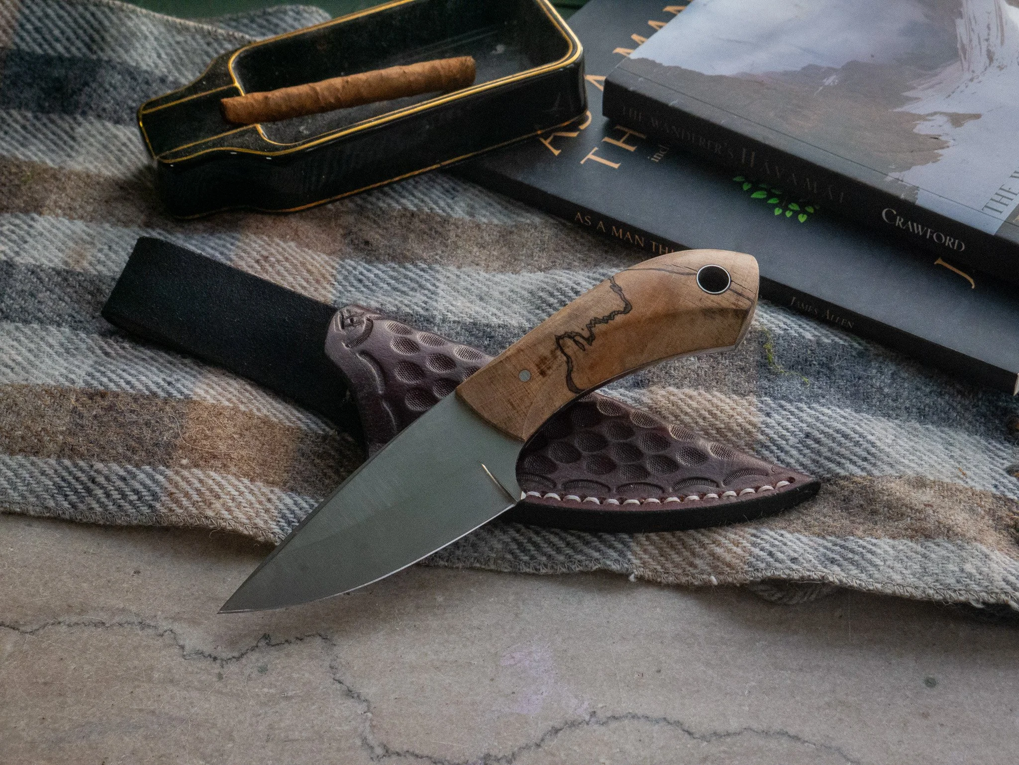 Handmade EDC Knife with Sheath, Spalted Maple Handle