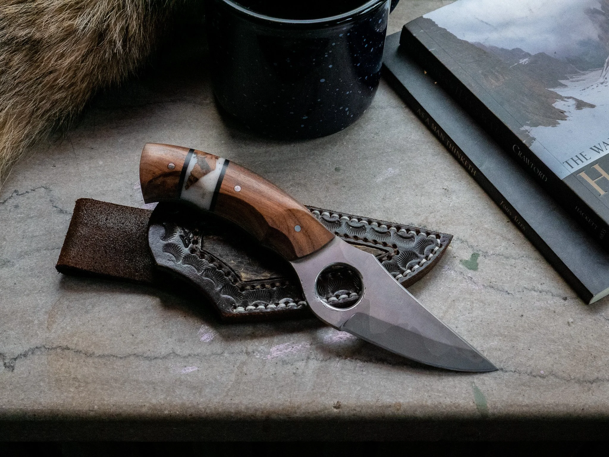 Hand Forged EDC Finger Ring Knife, with Rattlesnake Skin Inlay Sheath