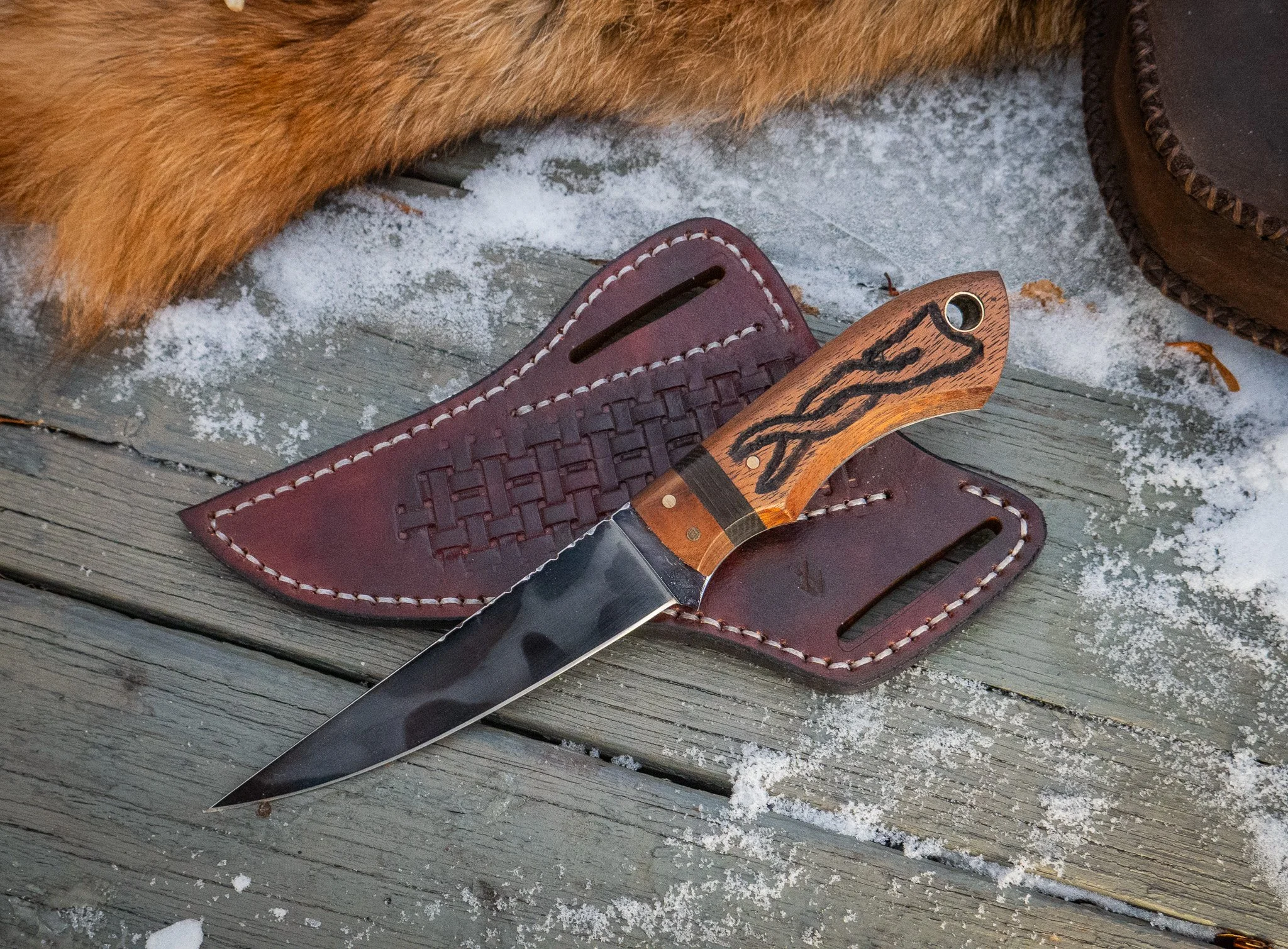 Handmade EDC Knife with Hamon Line, Celtic Knotwork, Pancake Style Sheath