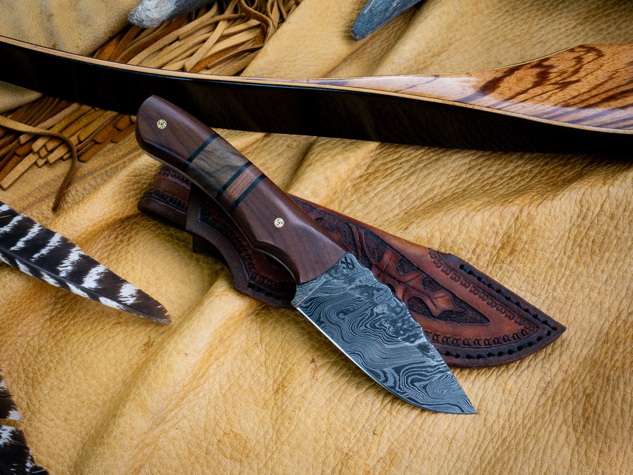 Hand Forged Damascus Hunting/Camp Knife with Sheath, Carved Oak Leaves