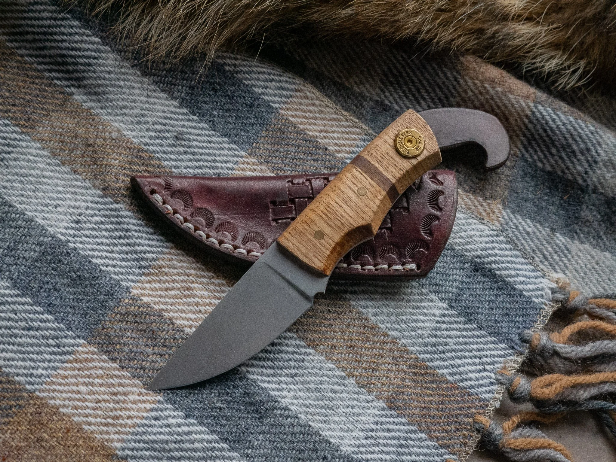 Hand Forged Boot Knife with Sheath, 38 SPL Shell Casing Inlays
