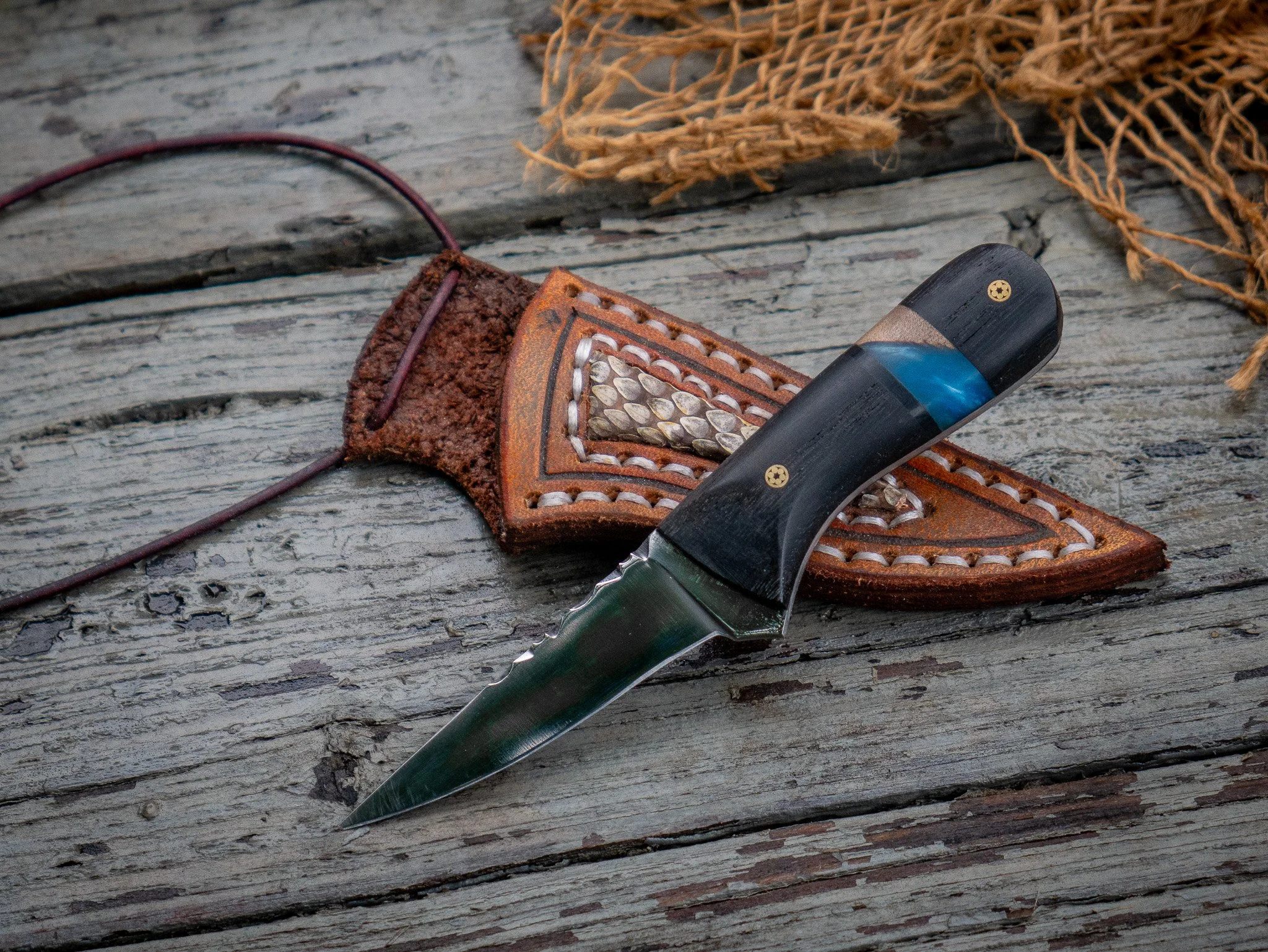 Handmade Neck Knife, Mosaic Pins, Rattlesnake Skin Sheath