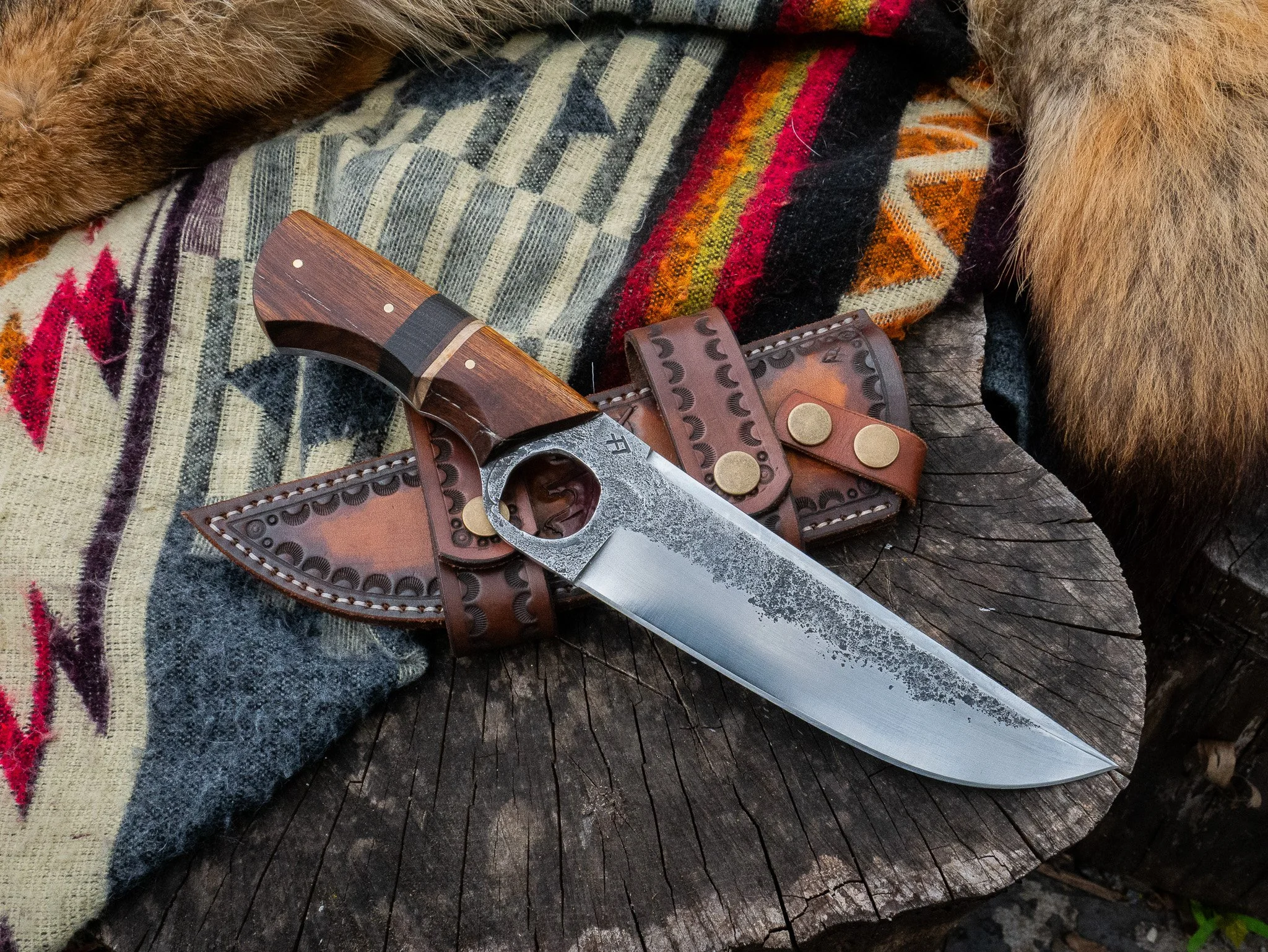 Hand Forged Bushcraft Knife, Finger Ring, with Scout Carry Sheath