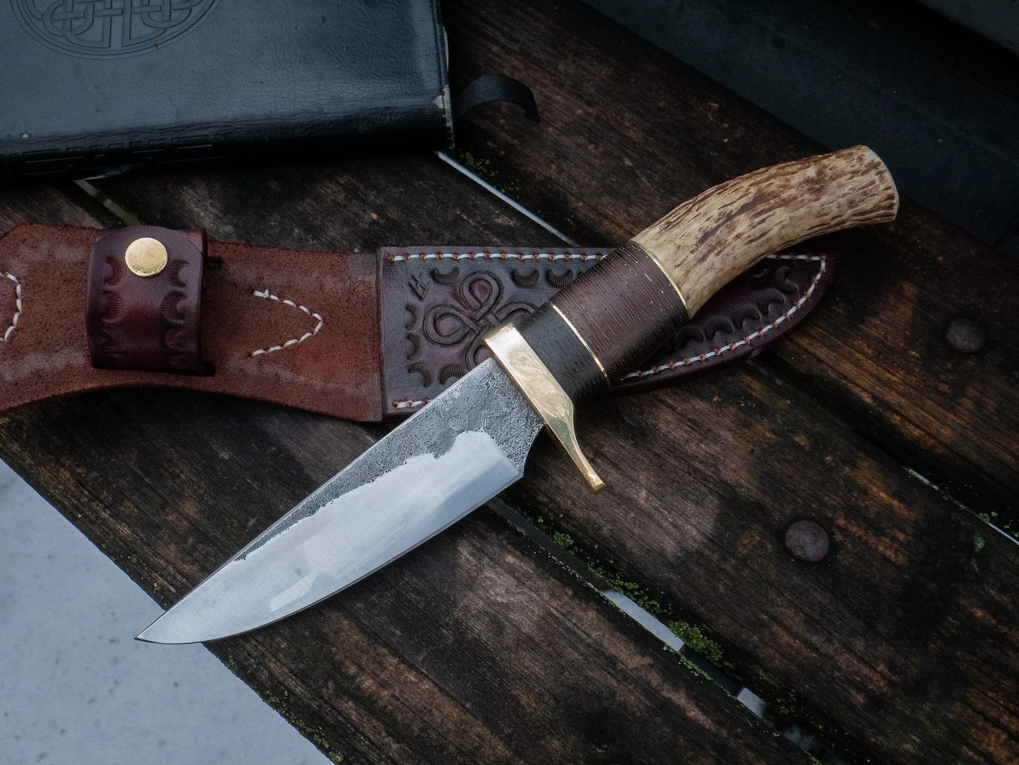 Hand Forged Hunting Knife, Deer Antler Handle, Celtic Knot Design Sheath
