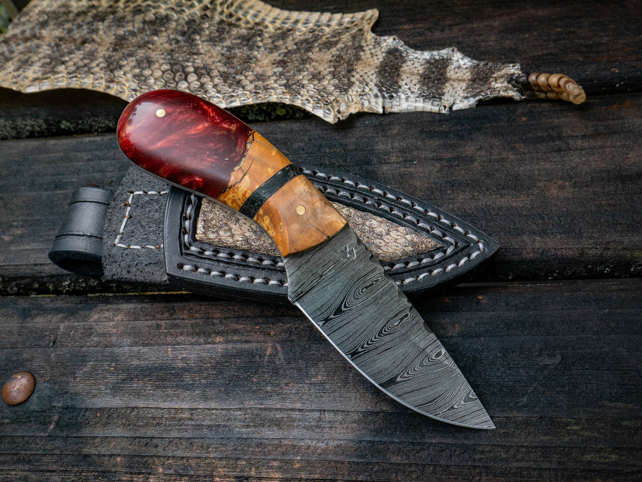Handmade Damascus EDC with Sheath, Rattlesnake Skin Inlay