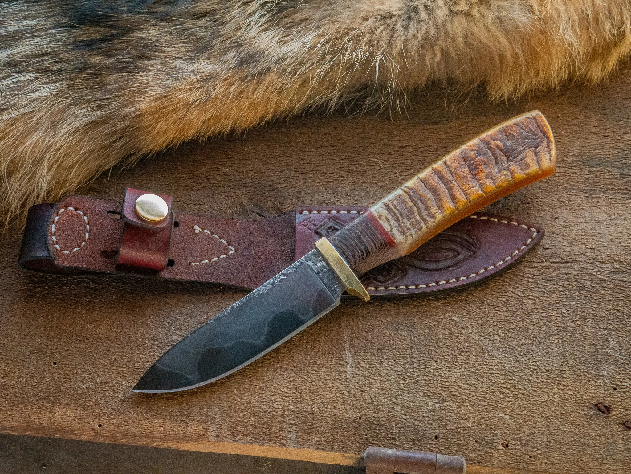 Hand Forged Hunting/EDC Knife, Ram Horn Handle, Celtic Knotwork Leather Sheath "The Pathfinder"