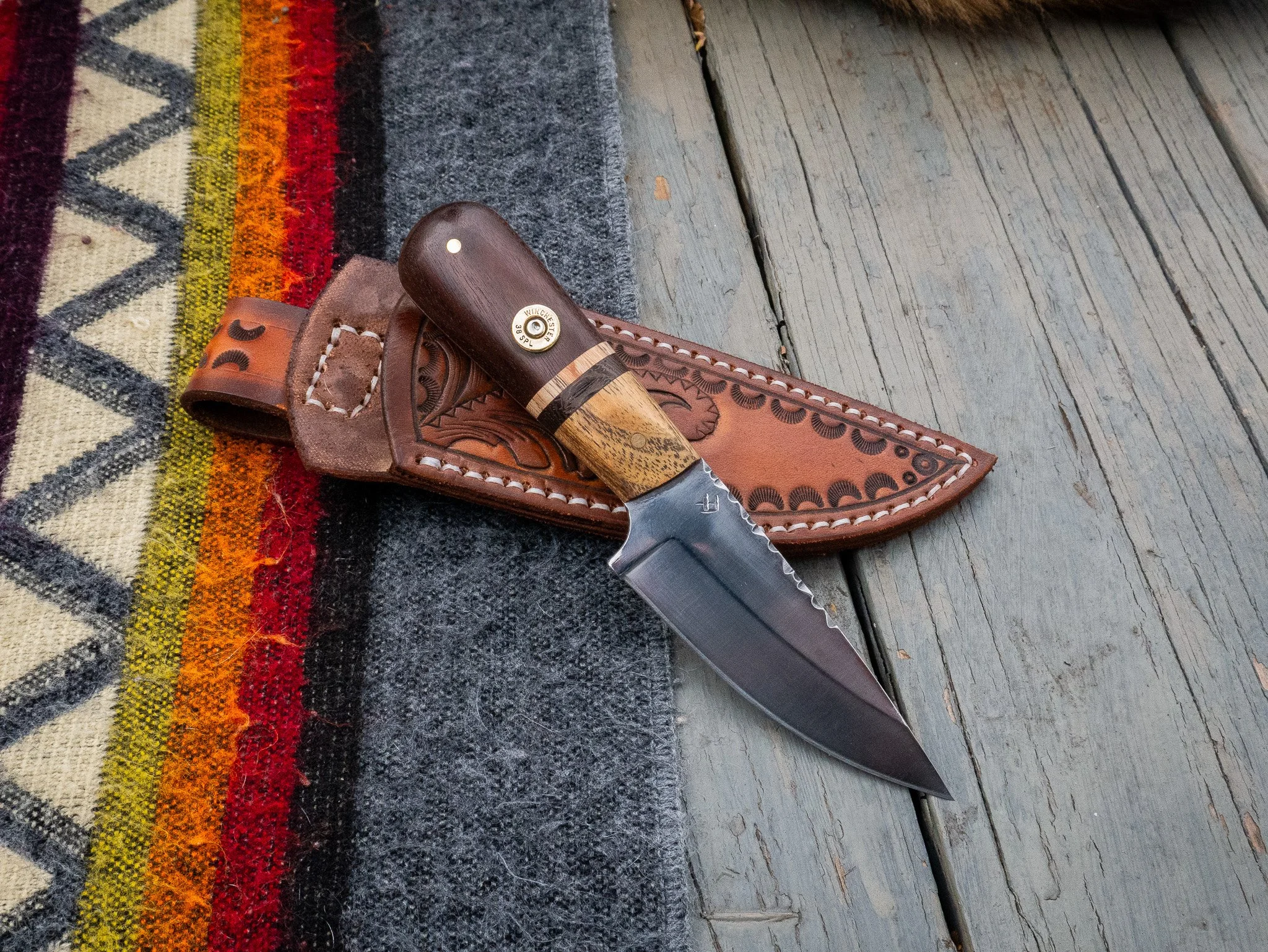 Handmade EDC Knife with Sheath, Carved Floral Design
