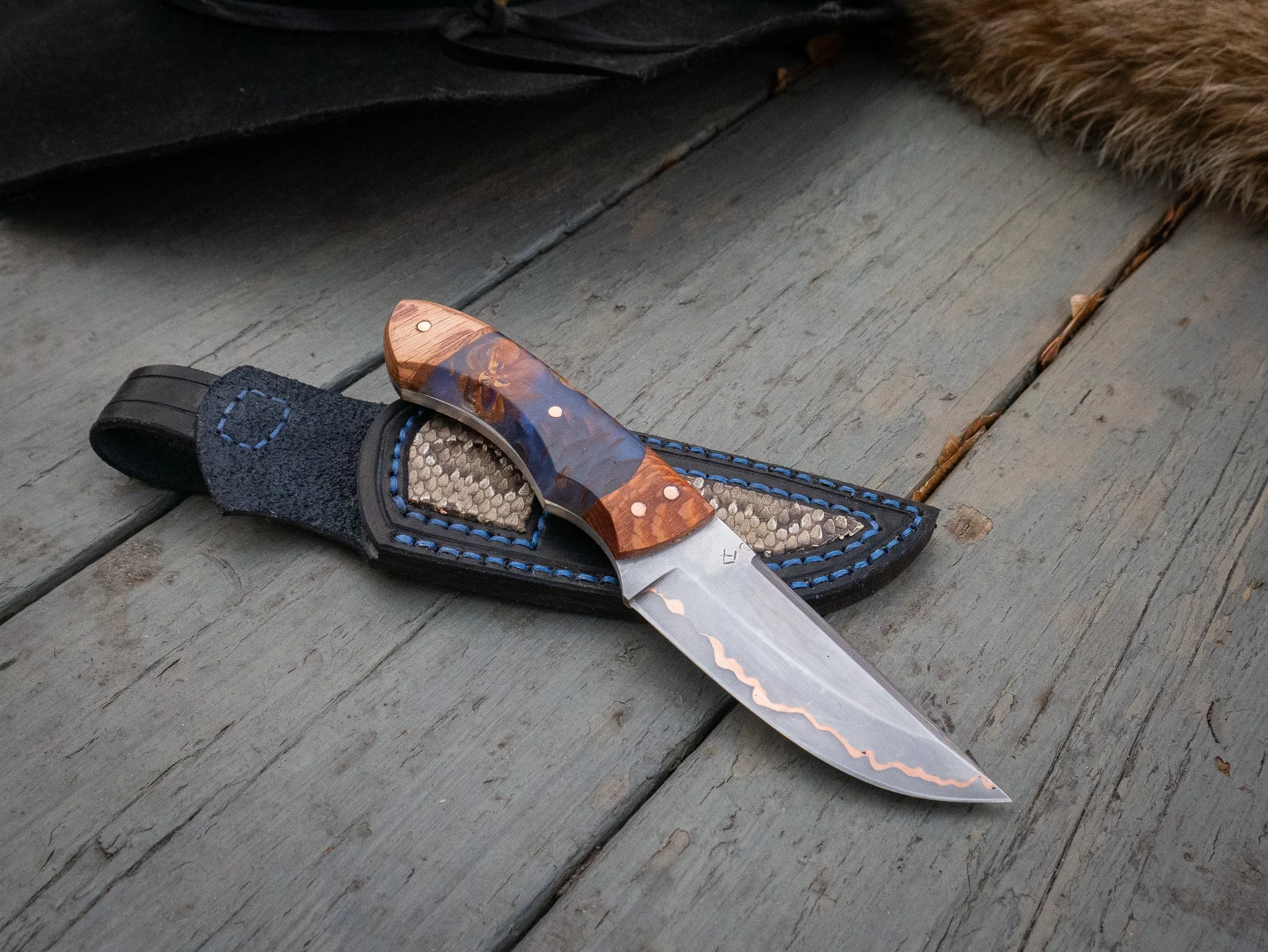 Hand Forged Copper Go Mai EDC Knife, with Sheath, Rattlesnake Skin Inlays
