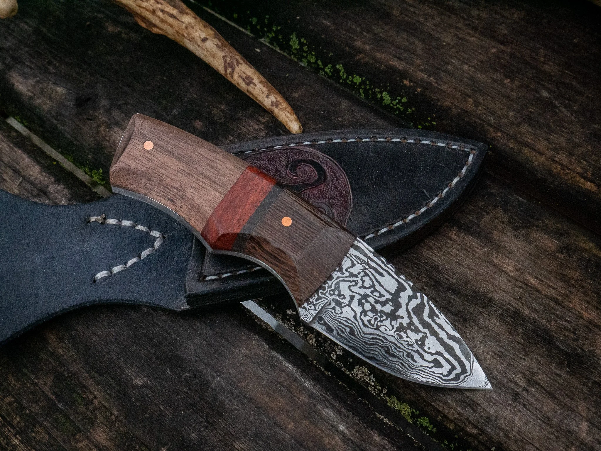 Hand Forged Damascus Skinner/EDC, with Sheath, Carved Triskelion Design
