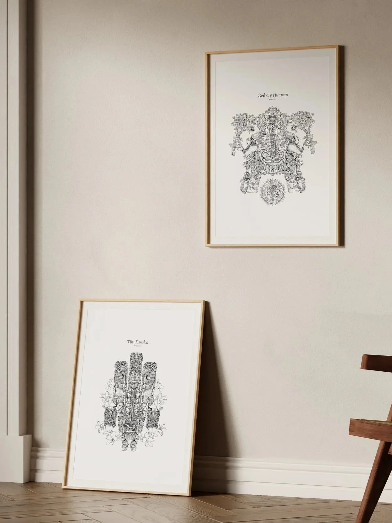 Affiche d'art, Affiche artistique, affiche mythologique, statue tiki, tiki polynésie, mythologie maya, civilisation ancienne, illustration en noir et blanc, affiche décorative haut de gamme, illustration fait-main, art décoratif français, décoration 
