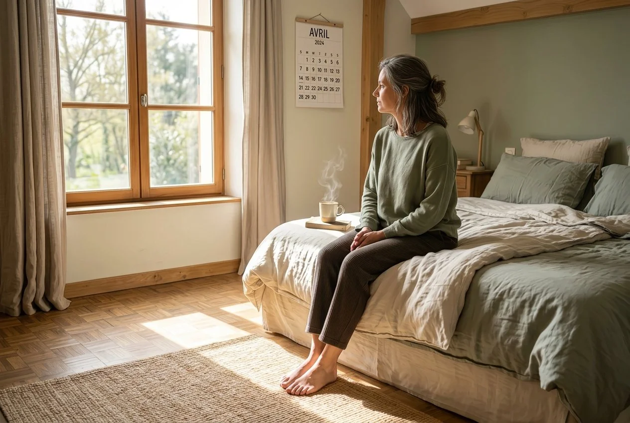 Femme épuisée assise au bord de son lit dans la lumière du matin, illustrant la durée de la fatigue après un cancer