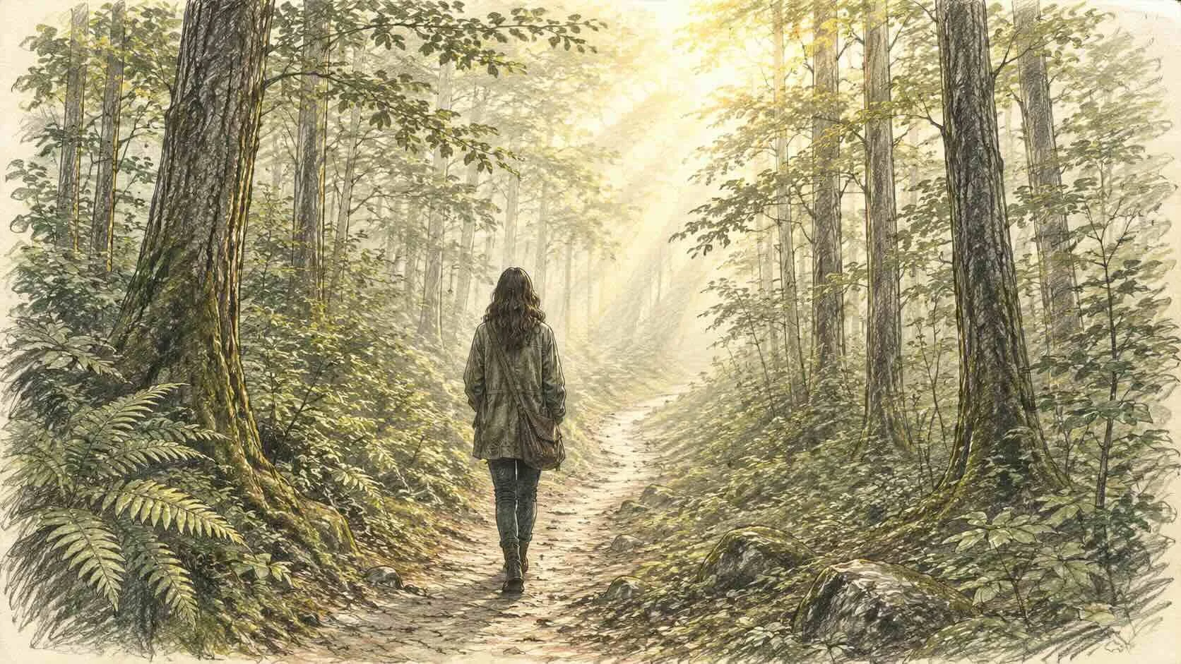 Femme marchant seule sur un chemin en forêt, de dos, illustrant le chemin vers la guérison après une rupture