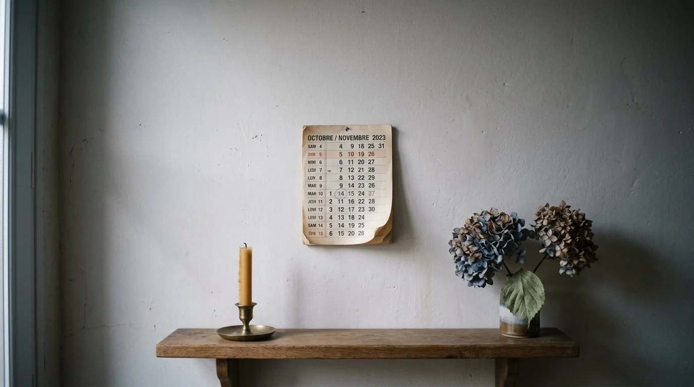 Calendrier mural avec une date entourée au crayon, près d'une bougie éteinte, dans la lumière grise de l'automne