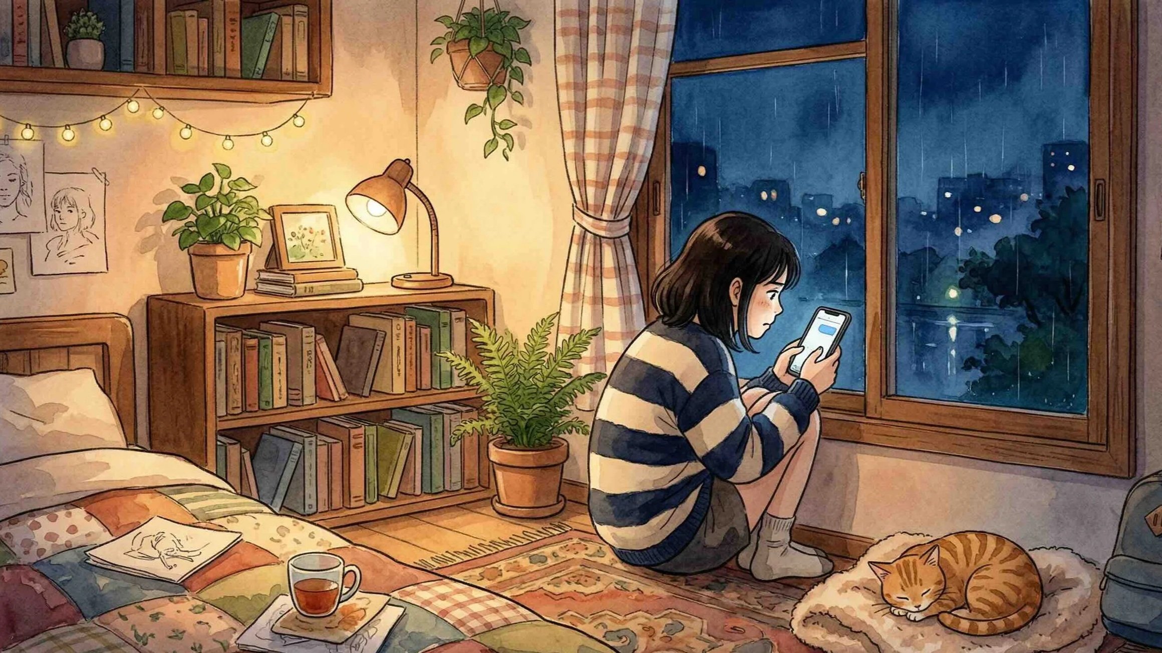 Illustration style Studio Ghibli d une femme assise pres d une fenetre nocturne tenant son telephone avec anxiete, symbolisant l attente et la dependance affective en amour