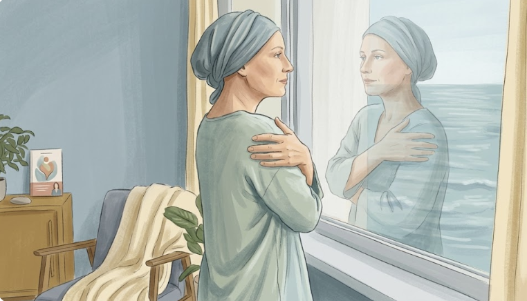 Femme s’enlaçant avec douceur face à la mer, symbolisant la réconciliation avec son corps après un cancer.