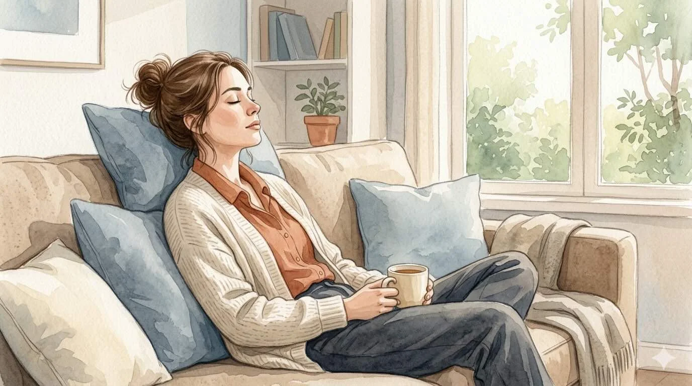 Jeune femme assise sur un canapé les yeux fermés, illustration sur l'épuisement émotionnel et la fatigue nerveuse chronique