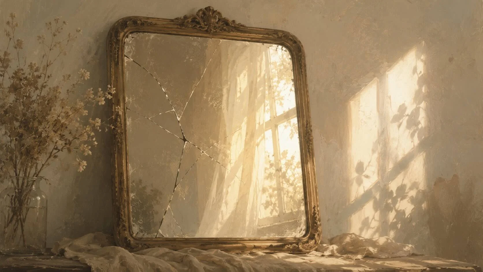 Illustration d’un miroir fissuré reflétant une lumière douce du matin, évoquant la perte de confiance en soi après une rupture amoureuse