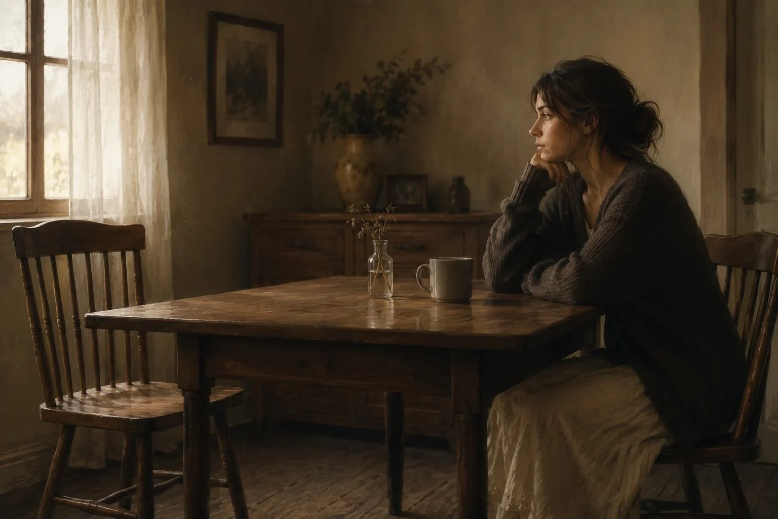 Femme assise seule à une table face à une chaise vide, illustrant le vide et la dépendance affective après une rupture