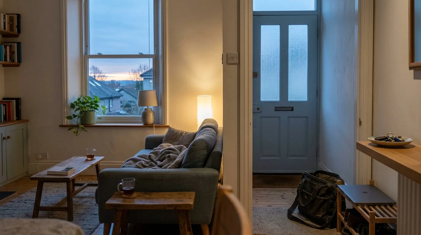 Salon vide au crépuscule un dimanche soir, tasse de thé refroidie et sac de travail posé près de la porte