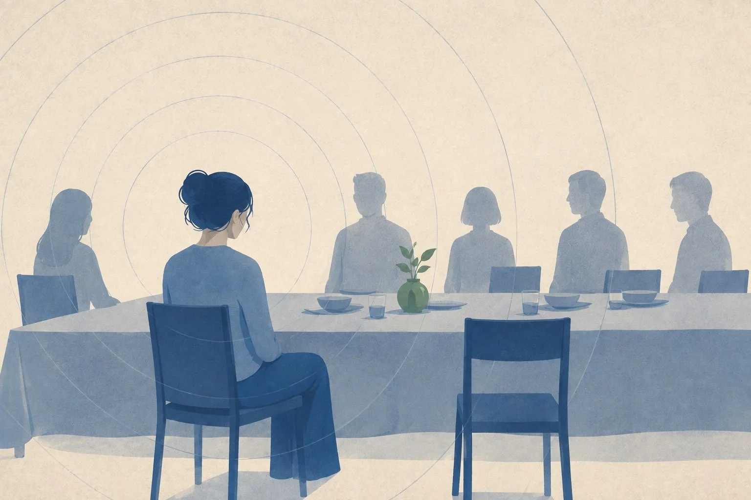 Illustration vectorielle mélancolique d'une femme au premier plan lors d'un repas de famille, les autres convives esquissés en arrière-plan flou