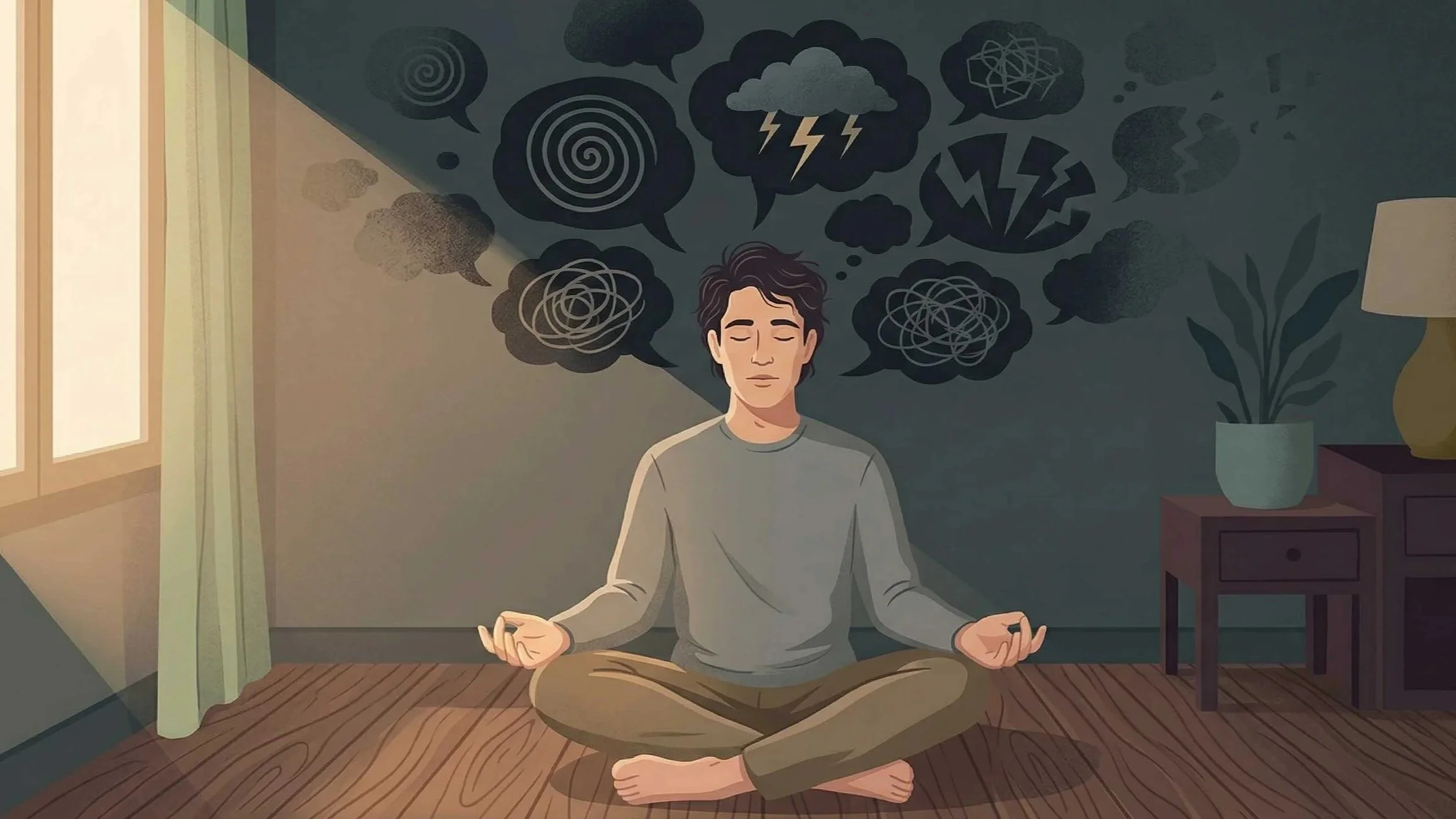 Personne assise en position calme avec des pensées négatives symbolisées par des bulles sombres qui se dissolvent - illustration pour un article sur les exercices pour chasser les pensées négatives