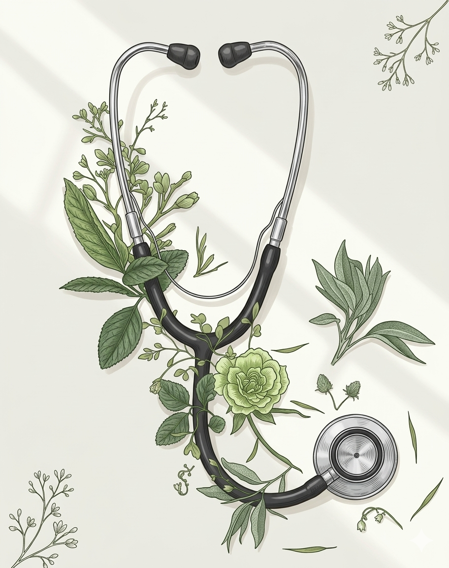 Stéthoscope entouré de plantes et fleurs vertes sur fond beige clair, évoquant l'alliance entre médecine et douceur dans l'accompagnement après le cancer