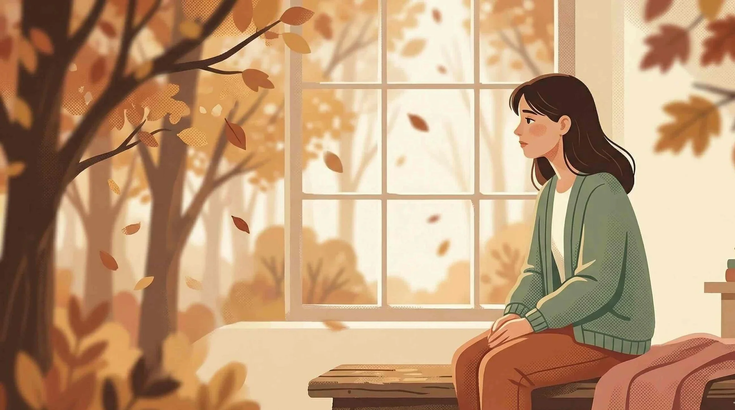 Femme seule près d'une fenêtre en automne, illustrant la solitude et le deuil d'une relation toxique