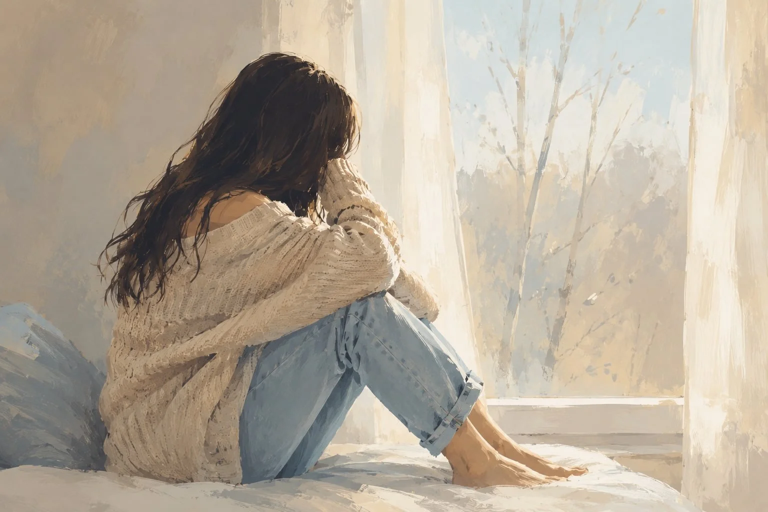 Femme en état d'hypervigilance émotionnelle après une relation toxique, assise seule près d'une fenêtre, regard dans le vide