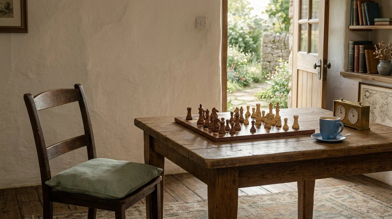 Échiquier abandonné sur une table, une chaise repoussée, lumière douce de fin de journée