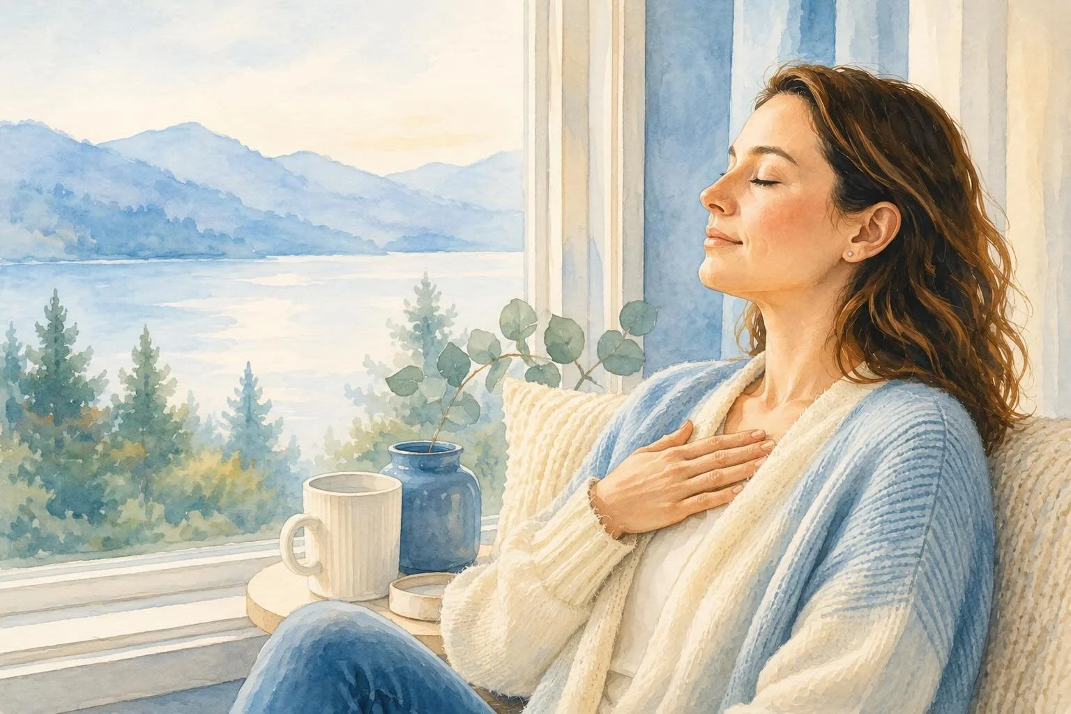Femme assise près d'une fenêtre respirant calmement face à un paysage apaisant aux tons bleus, évoquant la régulation du système nerveux