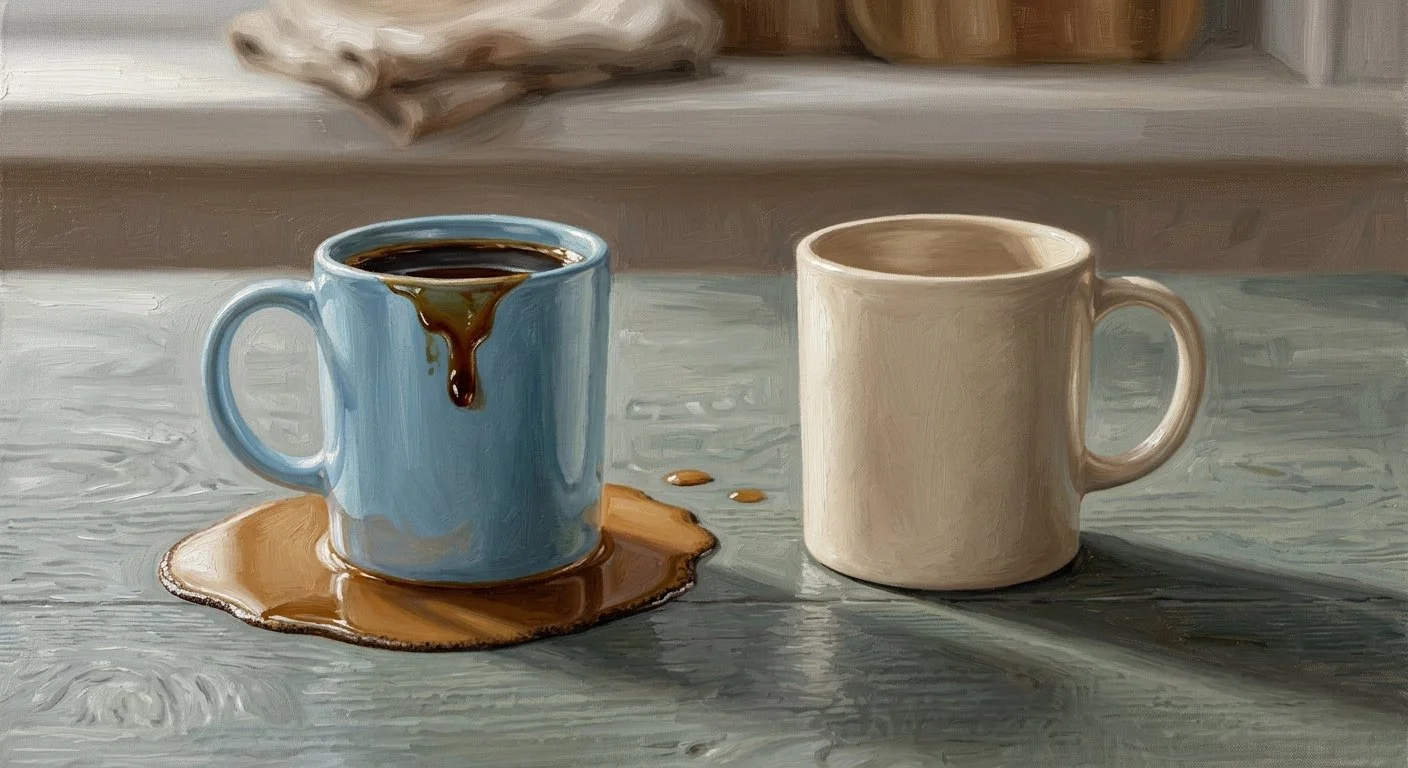 Tasse remplie et l'autre vide, déséquilibre, illustration sur la répartition inégale de la charge dans le couple