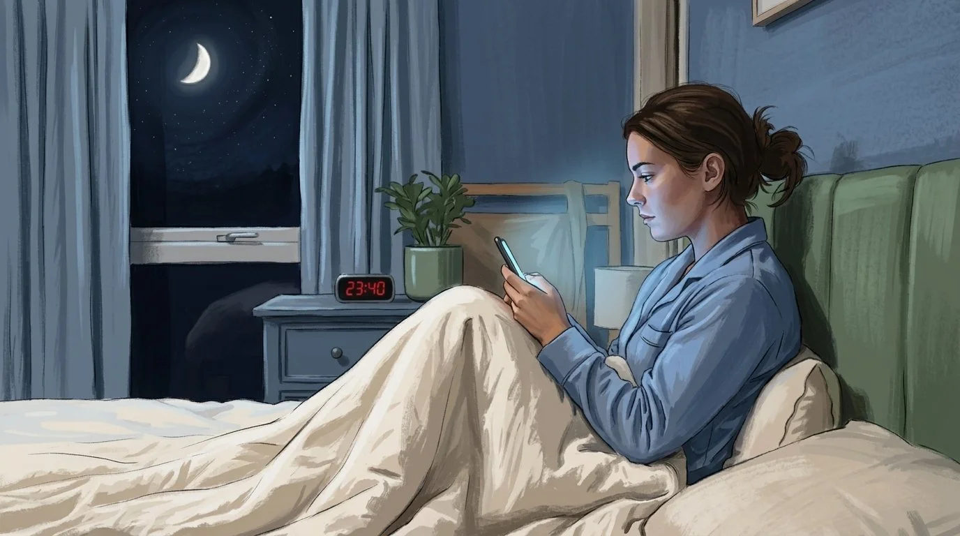 Personne assise dans un lit la nuit, visage éclairé par l’écran d’un téléphone, chambre plongée dans la pénombre