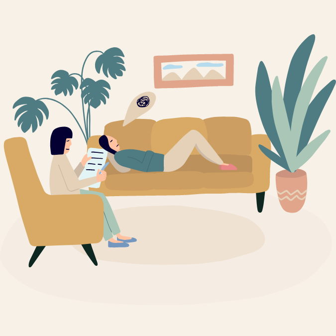 Illustration d'une séance de psychothérapie avec une thérapeute et son patient dans un cabinet apaisant