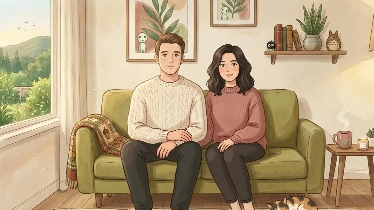 Illustration d'un couple assis côte à côte, regardant vers l'avant dans une atmosphère calme et apaisante - thérapie de couple en ligne