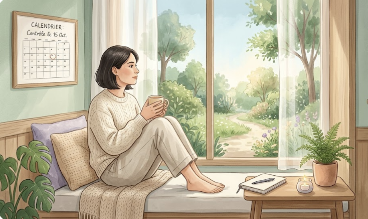 Illustration d'une femme seule dans une salle d'attente d'hôpital, regard pensif, avant un examen de contrôle après un cancer