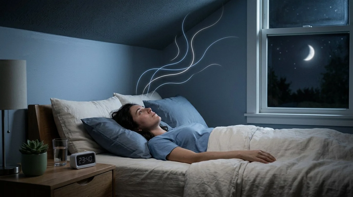Personne allongée les yeux ouverts dans une chambre sombre, réveil lumineux sur la table de nuit