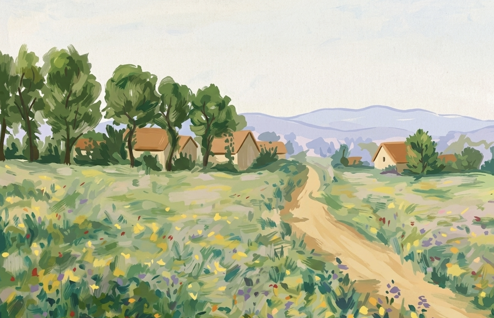 Chemin de terre sinueux traversant une prairie fleurie vers des maisons paisibles, symbolisant le chemin vers soi après l'épreuve